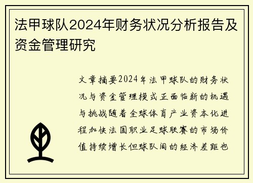 法甲球队2024年财务状况分析报告及资金管理研究