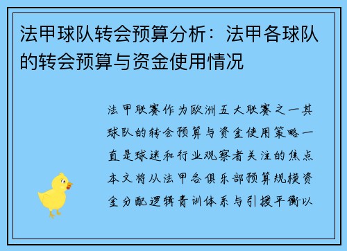 法甲球队转会预算分析：法甲各球队的转会预算与资金使用情况