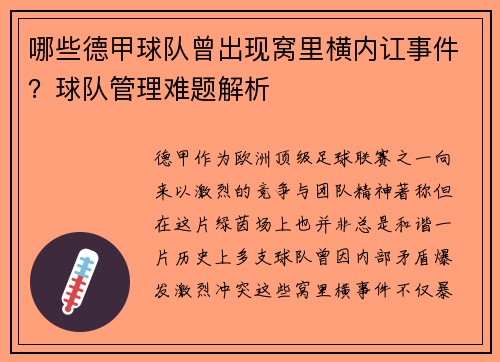 哪些德甲球队曾出现窝里横内讧事件？球队管理难题解析