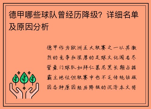 德甲哪些球队曾经历降级？详细名单及原因分析