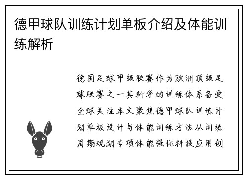 德甲球队训练计划单板介绍及体能训练解析